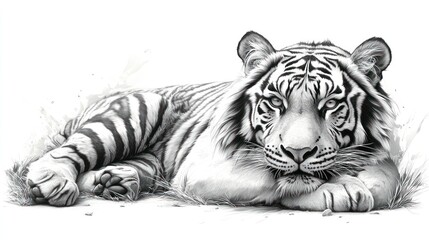 Obraz premium Majestic white tiger resting in grass, pencil sketch.