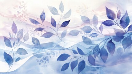 An abstract design features various leaves in calming blue shades, blending smoothly with soft pastel tones. The artwork conveys a serene and tranquil ambiance