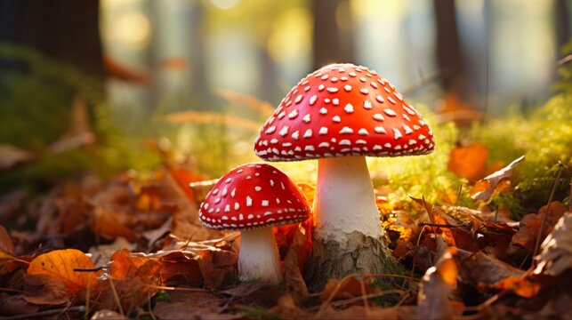 Autumn Amanita: Red Fly Agaric Mushroom in Fall Forest. Harvest Fungi in Yellow-Orange Leaves. Dangerously Beautiful Natural Background (limit reached at 193 characters)