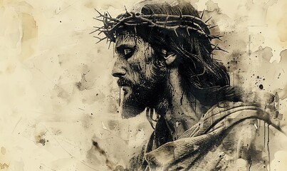 drawing of a portrait of Jesus in a crown of thorns black and white