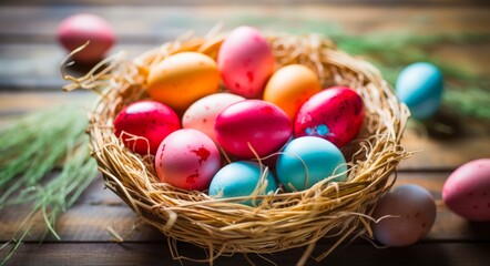 Obraz premium Beautiful Easter Basket Filled with Adorable Colorful Eggs - A Celebration of Spring and Beauty