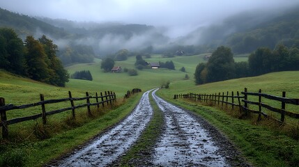 Tranquil Road Passing Through Misty Hills and Green Fields photo