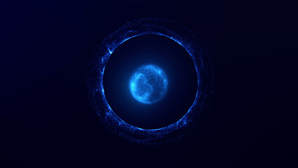 Blue digital abstract modern bright looped electric overflowing energetic sphere with a core inside.Orb circle of waves of random size particles on a dark blue background. 4k . 60 Fps