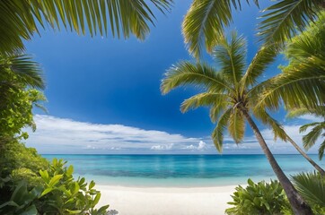 Naklejka premium Tropical Beach Paradise Framed by Palm Leaves with Vibrant Blue Sky