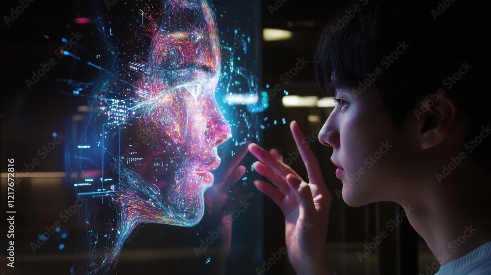 Poster software engineer interacting with a complex, colorful, futuristic ai hologram interface projected o