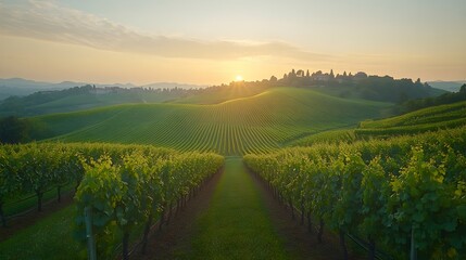 Fototapeta premium Lush Vineyard at Dawn in Rolling Hills – Generative AI