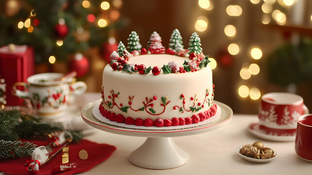 Decorating a Christmas cake with marzipan, fondant, and holiday-themed decorations, on a festive holiday table