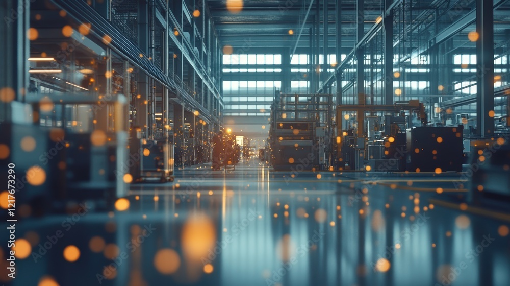Poster a factory floor with large windows allowing natural light to flood in highlighting workers engaged i