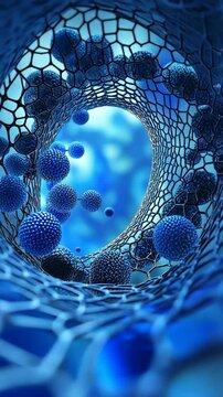 Exploring microscopic structures with blue and black spheres in a cellular environment
