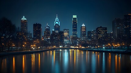 Fototapeta premium Nighttime City Skyline with Illuminated Buildings for Real Estate Ads – Generative AI