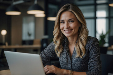 Portrait of a smiling, confident business woman, a beautiful model, working on a laptop in a modern office