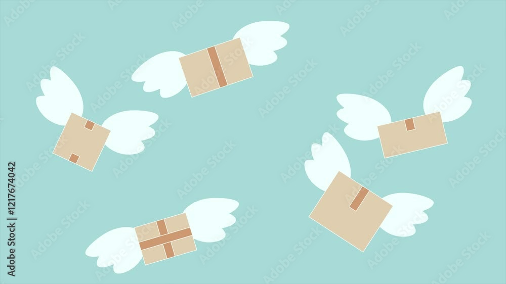 Poster boxes with wings are flying. abstract loop animation