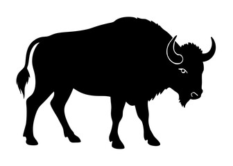  buffalo black silhouette vector, Simple silhouette Design vector icon with white background. Wild Animal Vector.	