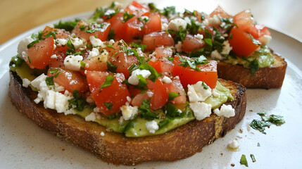 Delicious avocado toast topped with fresh tomatoes, feta, and spices, capturing modern culinary trends
