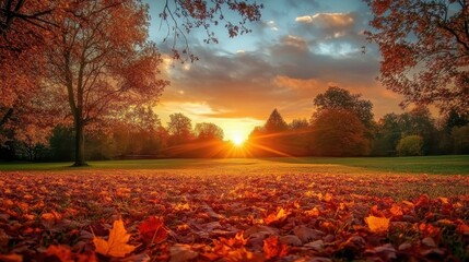 Fototapeta premium A serene autumn landscape featuring vibrant leaves, a glowing sunset, and a peaceful horizon, creating a warm and inviting atmosphere.