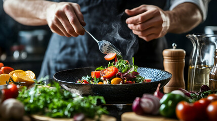 Delicious gourmet meal presentation in luxury restaurant with intricate plating.illustration