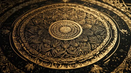 Obraz premium Intricate golden mandala pattern on a dark background evokes spiritual elegance and ornate beauty in decorative design