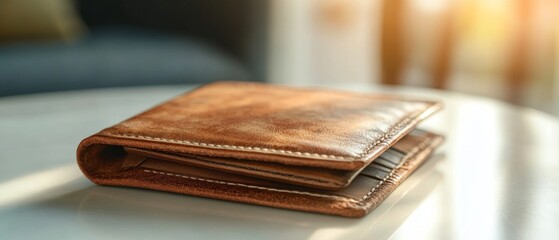 Close-Up of Brown Leather Wallet on Table
