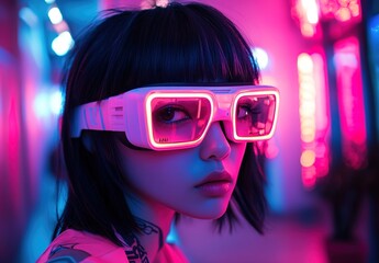 A woman wearing virtual reality (VR) glasses, in a cyberpunk style, with neon lights in the background