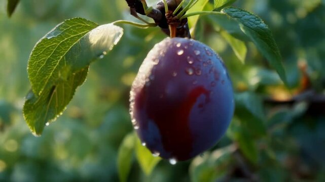 Close-up of a ripe plum hanging on a branch with water droplets during early morning light in a vibrant orchard