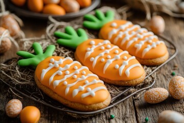 Two carrot cookies sit on a wire tray surrounded by fresh oranges, evoking a festive Easter theme.