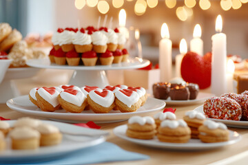 Festive dessert spread with heart-shaped cookies and cupcakes in romantic candlelit setting, Valentine's Day