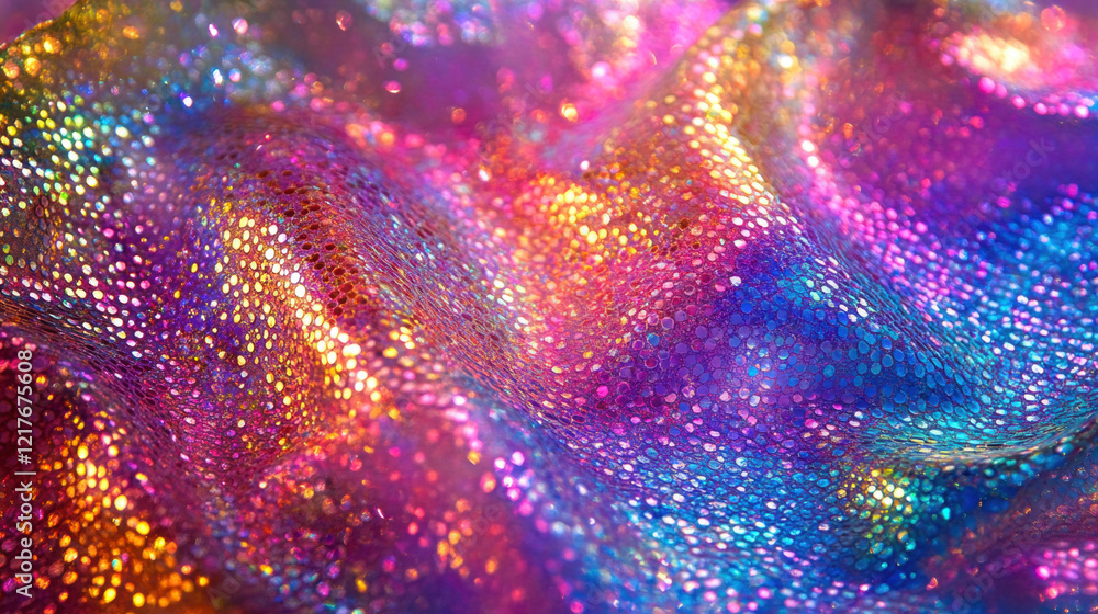 Poster a mesmerizing holographic rainbow foil texture with delicate, wave-like patterns in vibrant iridesce