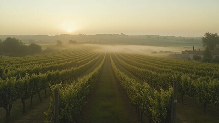 Naklejka premium Vineyards at Sunrise and Sunset with Rolling Hills and Misty Horizons