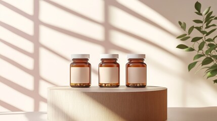 Fototapeta premium Three Amber Supplement Bottles With Blank Labels On Natural Wood Podium, Minimal Wellness Concept