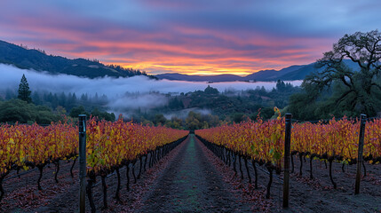 Fototapeta premium Vineyards at Sunrise and Sunset with Rolling Hills and Misty Horizons