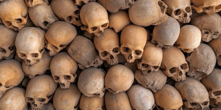 A dense stack of aged skulls arrayed closely, creating a powerful visual that speaks of ancient traditions and mysterious rituals.