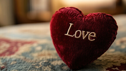 velvet red heart with embroidered inscription "Love", valentine's day, gift, toy or heart-shaped pillow