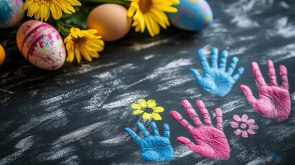 Obraz premium Colorful handprints and flower designs adorn a chalkboard, celebrating creativity and springtime joy.