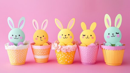 Four colorful Easter bunnies in a row, with one uniquely painted to resemble a bunny, celebrating the festive spirit of Easter.