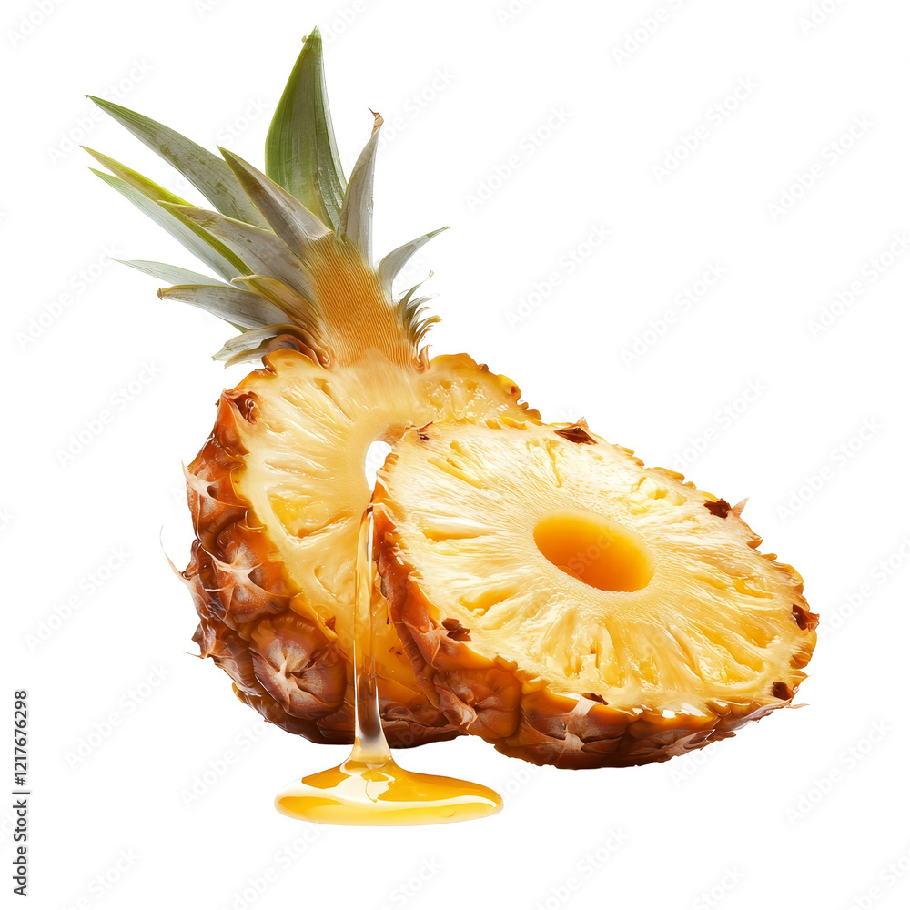 Poster freshly sliced pineapple with a drop of juice on a clean transparent background capturing the vibran