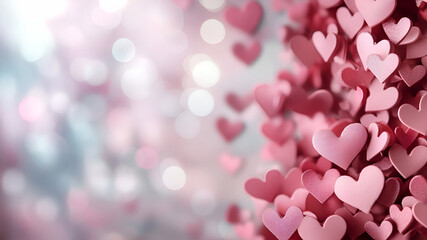 Fototapeta premium Romantic pink hearts falling with soft bokeh background, Valentine's Day.