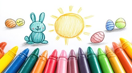 A colorful crayon drawing features a cheerful bunny beside a bright sun, capturing the joy of Easter celebrations.