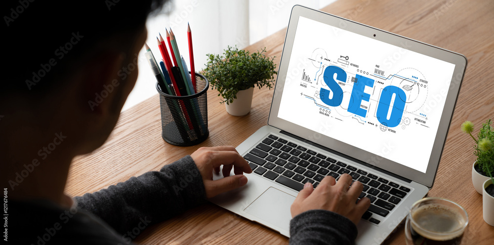 Wall mural seo search engine optimization for modish e-commerce and online retail business showing on computer 