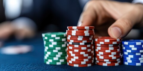 Naklejka premium A hand stacks colorful poker chips on a green felt table, highlighting anticipation and strategy in the midst of a poker game.