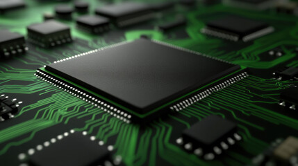 Fototapeta premium Technology circuit board background for presentations, illustrating innovation with green and black colors, ideal for science, tech, and engineering themes