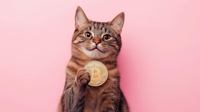 portrait of a cat with a bitcoin coin on a pink background, wealth, funny cat