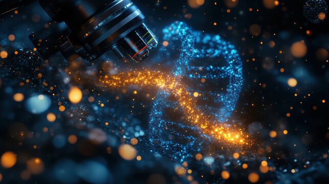 Microscope and a DNA double helix with a blue glowing spiral. 