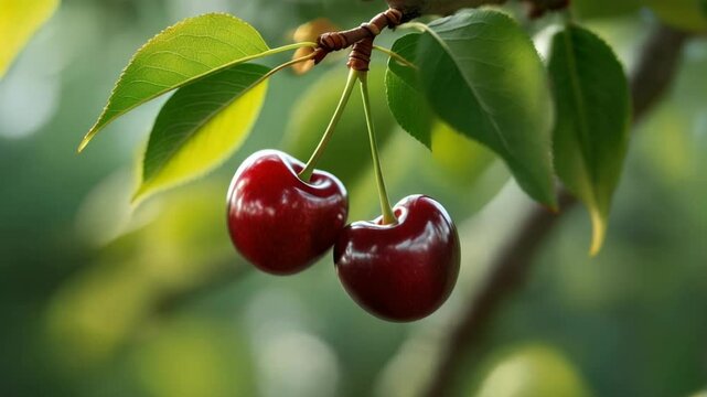 Cherry picking in a lush orchard during summer, showcasing ripe, red cherries hanging on branches surrounded by vibrant leaves against a sunny backdrop