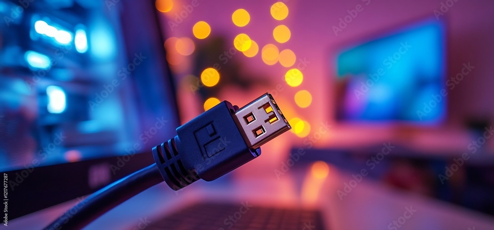Poster a close-up of a usb cable connector with a computer and monitor in the background