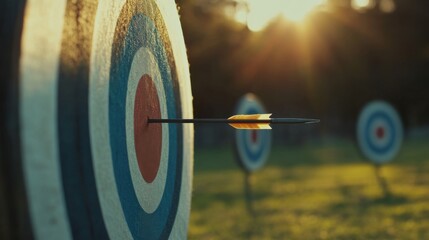 Detailed photo of archery equipment set on a target range. Midday sun illuminating the area. Showcasing precision and focus. Ideal for sports training materials.