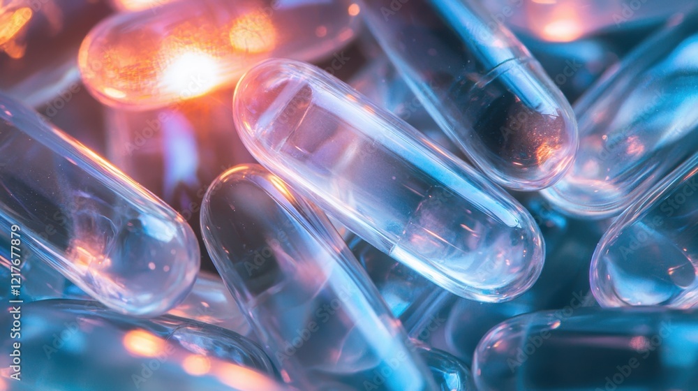 Poster a collection of clear capsules is arranged closely, featuring reflections and refractions of colorfu