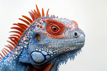 Fototapeta premium Stunning Close-Up Portrait of a Vibrant Blue and Orange Iguana, showcasing intricate scales and striking eye detail.