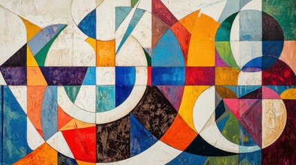 Fototapeta premium Brightly colored geometric shapes create an engaging mural in an urban art space, showcasing creativity and modern artistic expression. The arrangement captivates viewers with its dynamic design