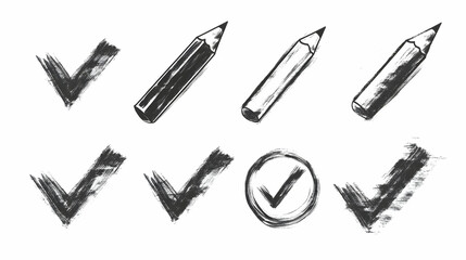 Doodle chalk check mark set. Black charcoal pencil check boxes, sketch checklist icons, tick cross signs, crayon grunge checkmark elements