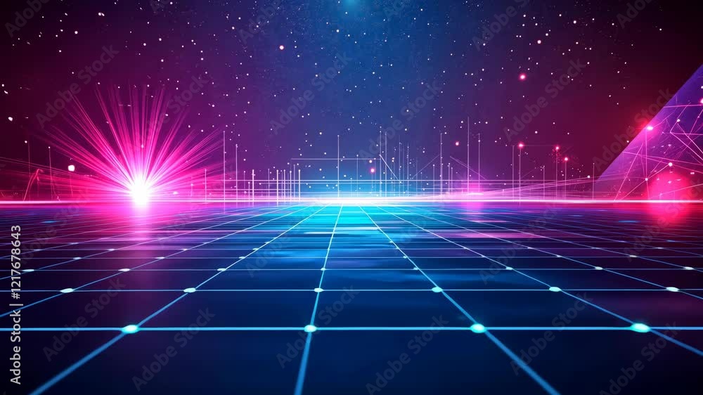 Poster Video with a vibrant and dynamic digital world with a futuristic landscape filled with glowing blue lines, starlit skies, and neon lights. Geometric shapes and abstract structures